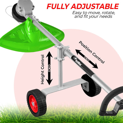 Universal String Trimmer Wheel Attachment Fits 26mm And 28mm Shafts Weed Eater Conversion Kit adjustable trimmer with green blade support wheels