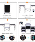 Steps showing setup of Foldable Camping Kitchen Table With Light Stand And Windshield Portable Grill Station 3 Organizers Carry Bag For Outdoor Cooking Beach BBQ Picnic Indoor Office Use.