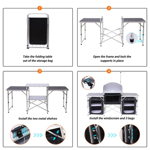Steps showing setup of Foldable Camping Kitchen Table With Light Stand And Windshield Portable Grill Station 3 Organizers Carry Bag For Outdoor Cooking Beach BBQ Picnic Indoor Office Use.