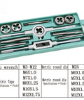 Huge 12 Piece Tap And Die Wrench Set With Heavy Duty Alloy Steel Holders For M3 Through M12 Threads Perfect Metalworking Hand Tools That Are Totally Awesome For Your DIY Projects Or Professional Fabrication Jobs Anywhere, shown in case with metric dies