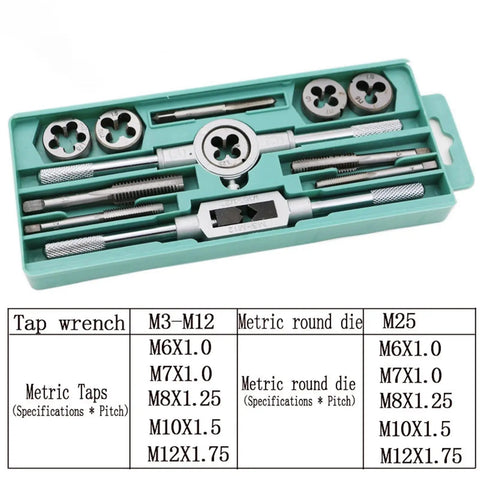 Huge 12 Piece Tap And Die Wrench Set With Heavy Duty Alloy Steel Holders For M3 Through M12 Threads Perfect Metalworking Hand Tools That Are Totally Awesome For Your DIY Projects Or Professional Fabrication Jobs Anywhere, shown in case with metric dies