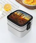 Sunset Cactus Desert Themed Two Compartment Lunch Box With Lids on table, 1000ml BPA Free PP for meal prep travel
