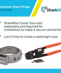 Front view of SharkBite 1/2 inch stainless steel clamp ring for PEX, pack of 100, with orange-handled crimp tool