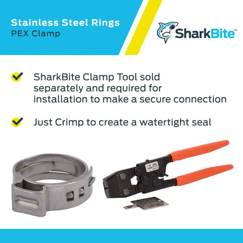 Front view of SharkBite 1/2 inch stainless steel clamp ring for PEX, pack of 100, with orange-handled crimp tool
