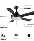 Diagram of 52 Inch Modern Ceiling Fan With Remote And Lights, 3 Color Temperature LED, Old Bronze Finish, 5 Reversible Blades, Dimmable