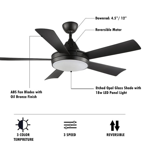 Diagram of 52 Inch Modern Ceiling Fan With Remote And Lights, 3 Color Temperature LED, Old Bronze Finish, 5 Reversible Blades, Dimmable