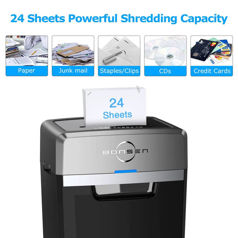 Heavy Duty Office Shredder 24 Sheet Cross Cut P4 High Security 40 Min Continuous Run Time 9 Gallon Bin Ultra Quiet 55dB