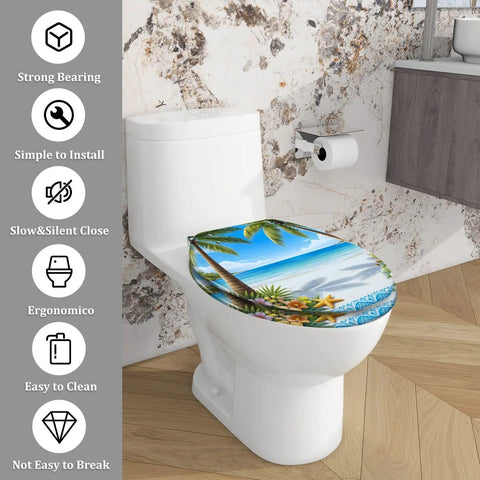 Elongated Toilet Seat Slow Close Quick Release Bathroom with beach design, 14.5" x 18.5", easy to clean, fits standard toilets.