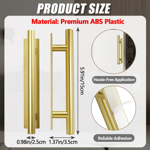 Product size of 10 Pack Self Adhering Push Pull Handles ABS Plastic For Wardrobe Cabinets Drawers Instantly Improve Access Gold Finish