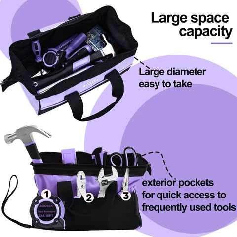 Purple Tool Bag With Wide Mouth Opening And 12 Storage Pockets, 13 Inch Tool Organizer displaying tools inside and outer pockets