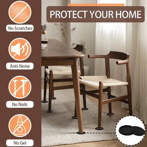 Top Notch 2.5 Inch Furniture Coasters 12 Pack Non Slip Bed Leg Pads under chair legs on hardwood floor.