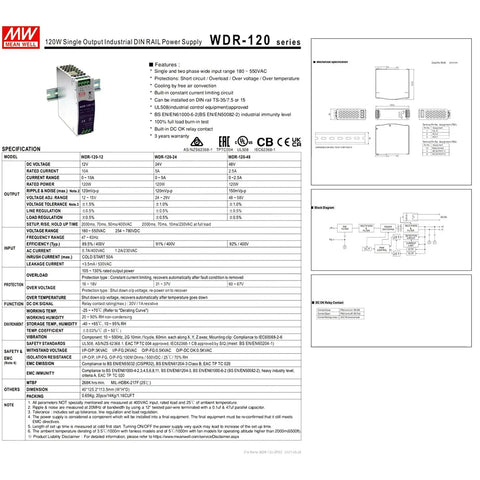 Workhorse Grade 120W Single Output DIN Rail Industrial Power Supply specifications and features overview.
