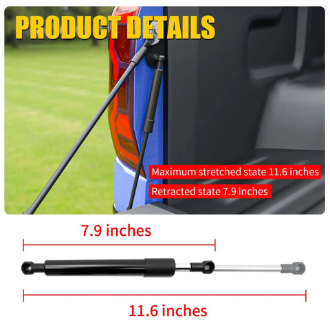 Heavy Duty Tailgate Lift Assist For 2007 To 2021 Toyota Tundra Trucks showing dimensions 11.6 inches stretched, 7.9 inches retracted.