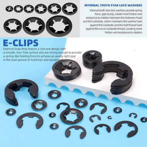 261 Pcs Lock Washer And E Clip Kit with 100 Internal Tooth Star Washers and 160 E Ring Circlips displayed on blue surface