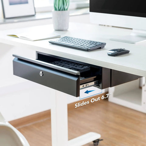 Heavy Duty Steel Under Desk Drawer With Key Lock And Smooth Glide Tracks For Secure Private Slide Out Table Storage Organizer, 20.2x12.2x4.3 inches.