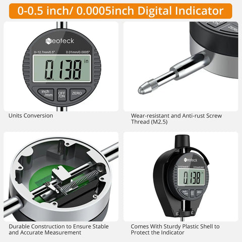Digital Dial Indicator Bore Gauge Set With 0.7 To 6 Inch Range And 6 Inch Depth, showing LCD readouts and close-up of parts