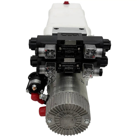 Dinenovate 24V Double Acting Hydraulic Power Unit 2200W Mini Pack with dual tank control valves for dump trucks and lifts.