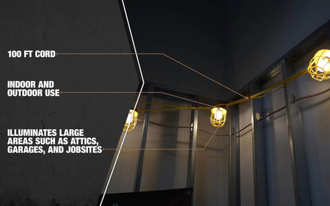 Temporary 100 Foot Indoor Outdoor String Light Cord With 10 Lamp Sockets 14 2 SJTW 15 Amp Standard Plastic Guard No Plug Or Connector Yellow Built For On The Job Sites Attics Garages And More