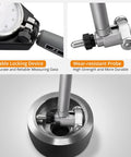 Neoteck dial bore gauge set with extender, carbide anvils; chrome-plated handle and insulated grips (front view)