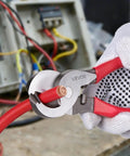 Heavy Duty High Leverage Cable Cutters With Cushioned Overmolded Handles and Razor Sharp Forged Blades cutting a red copper wire.
