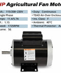 Built Like A Tank 1 HP Farm Duty Electric Motor Running Smooth At 1725 RPM With 115 230V Power shown with specifications.
