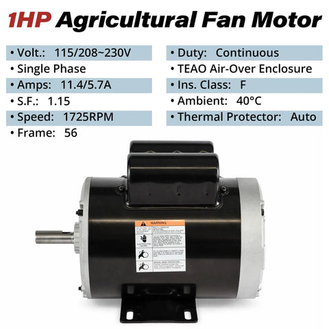 Built Like A Tank 1 HP Farm Duty Electric Motor Running Smooth At 1725 RPM With 115 230V Power shown with specifications.