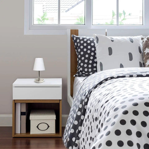Mini Sand Nickel Table Lamp With White Fabric Shade, compact yet stylish, great for bedroom, ten point five inches tall.