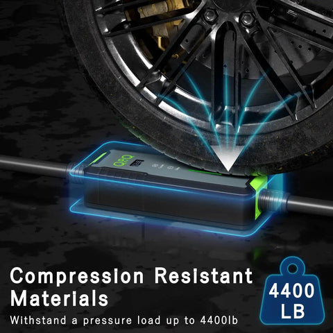 Level 2 EV Charger 40A 240V Portable J1772 With 21 Ft Cable And NEMA 14 50 Plug under car wheel, showing compression resistance.