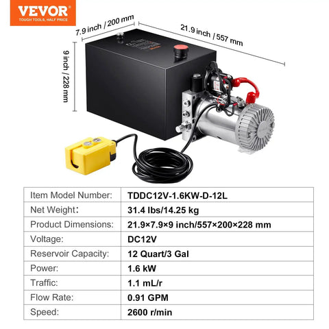 12V Hydraulic Power Unit With 12 Quart Reservoir, 3200 PSI Single Acting Pump For Car Lifts And Dump Trailers, Electric Hydraulic Power Pack With Steel Reservoir, Heavy Duty And Easy To Install
