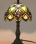 Tiffany Inspired Dope Stained Glass Table Lamp 16 Inch Tall 10 Inch Wide Shade Handcrafted Green And Yellow Glass With Antique Zinc Base