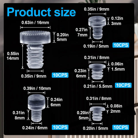 Rock Solid Glass Table Bumpers With Stem Mount, 50 Pack Anti Slip Furniture Pads, size chart of assorted cushion sizes.