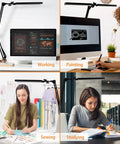 LED Desk Lamp with Clamp Adjustable Swing Arm Dual Head Light for Office and Home shown in four different usage scenarios