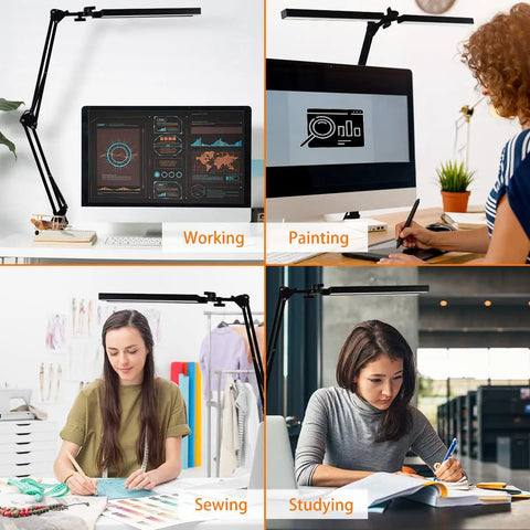 LED Desk Lamp with Clamp Adjustable Swing Arm Dual Head Light for Office and Home shown in four different usage scenarios