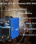 3 In 1 Gasless MIG Welder with Flux Core, Lift TIG and Stick Welding, Dual Voltage 110V 220V, features overview on display.