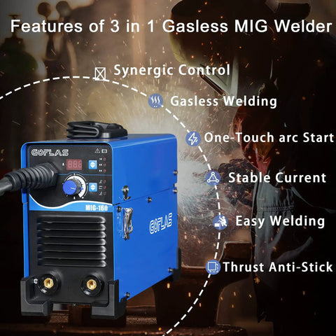 3 In 1 Gasless MIG Welder with Flux Core, Lift TIG and Stick Welding, Dual Voltage 110V 220V, features overview on display.