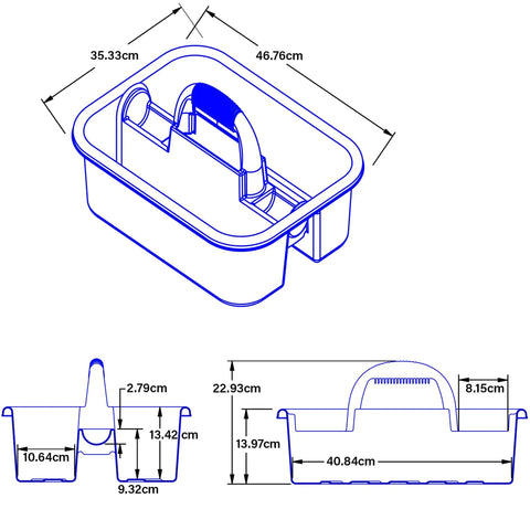 Sturdy Plastic Tote Cleaning Caddy With Handle For Tools And Supplies Eighteen Point Three Eighths Inch By Thirteen Point Seven Eight Inch By Nine Inch Blue Organizer dimensions illustration