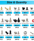Size and quantity chart for Premium Top Shelf Computer Screw Assortment Kit Featuring Motherboard Standoffs And Hella Tough Brass Hardware Pack.