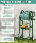 Heavy Duty Garden Hose Reel Cart With Wheels Keeps Your Hose Neat And Ready Holds Up To One Hundred Twenty Five Feet Of Five Eighth Inch Hose Plus A Three Point Nine Foot Leader Hose And Basket Powder Coated Steel Water Winder For Backyard Yard And Lawn, shown with additional features labeled: durable cart grip, non-slip handle, storage basket, 3.9ft leader hose, and ground stakes.