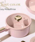 Nonstick Cookware Set 14 Piece, PFAS Free And Non Toxic, pink blush saucepan with glass lid and handle visible