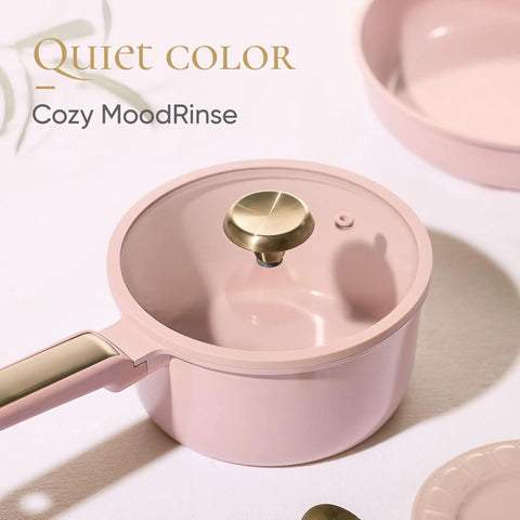 Nonstick Cookware Set 14 Piece, PFAS Free And Non Toxic, pink blush saucepan with glass lid and handle visible