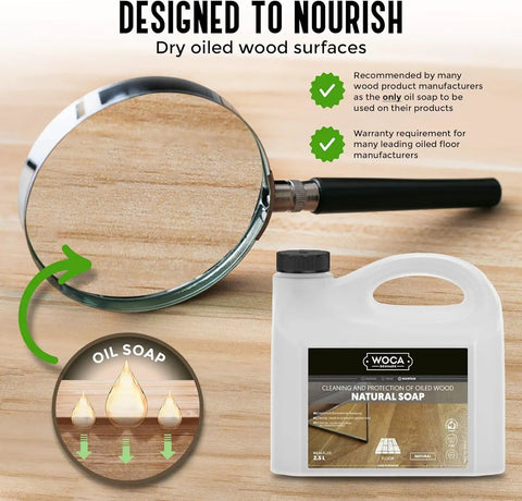 Natural Wood Cleaner Soap White 2.5L For Oil-Finished Floors And Surfaces bottle with text and magnifying glass on wood texture.