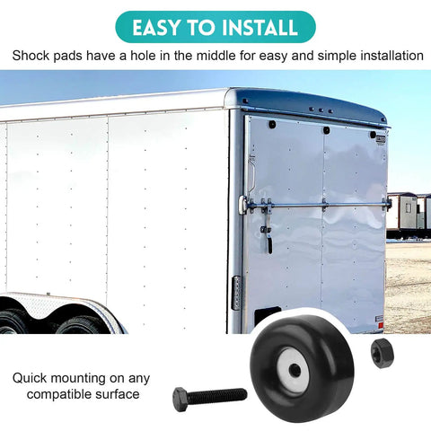 Heavy Duty Round Rubber Trailer Ramp Door Bumpers Set Of 4 With Mounting Hardware Replacement Cushions shown with trailer door.