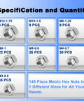 Assorted Stainless Steel Hex Nuts Kit M3 M4 M5 M6 M8 M10 M12 145 Pieces 304 Stainless Steel Hardware Set displayed on a blue chart