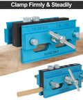 Doweling Jig Self Centering Kit With 6 Bushings For Precise Biscuit Joinery Adjustable Width Drilling Guide For Straight Holes Woodworking Dowel Jig Tool In Blue clamped on wood