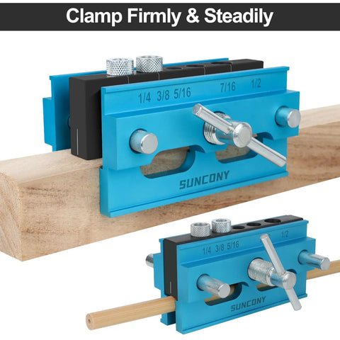Doweling Jig Self Centering Kit With 6 Bushings For Precise Biscuit Joinery Adjustable Width Drilling Guide For Straight Holes Woodworking Dowel Jig Tool In Blue clamped on wood