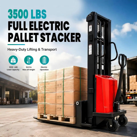 Heavy Duty Electric Pallet Stacker Lift With 78.8 Inch Height And 3500 Lbs Capacity, lifting a load of boxed pallets.