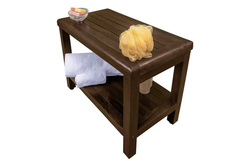 Eleganto 24 Inch Brown Waterproof Teak Shower Bench Stool With Non Slip Feet And Two Tier Storage Shelf for towels and bath items