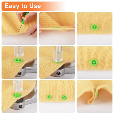 Snap Button Kit With Pliers And Tools 240 T5 Plastic Snaps for fabric snap pliers set demonstrated with yellow fabric