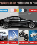 Illustration showing Six-Piece Polishing Pad Kit for Car Detailing use on cars, yachts, motorcycles, handlebar; before and after effect.