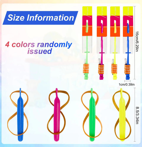 60 Pack LED Arrow Helicopter Slingshot Toys For Kids, four colorful LED copters with size info, waterproof PVC material.